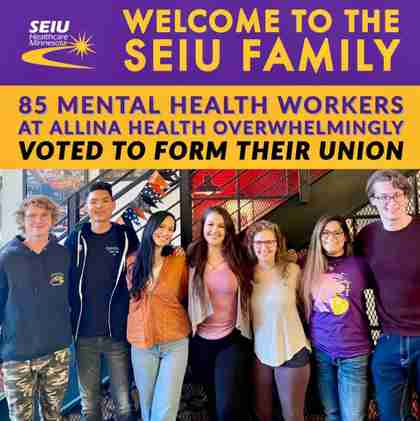 Allina Mental Health Workers Join Wave of Union Organizing After Overwhelmingly Voting to Join SEIU Healthcare Minnesota